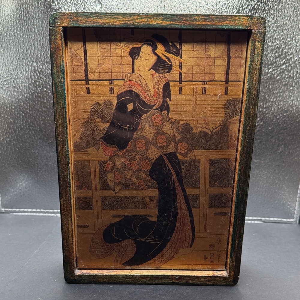 Vintage Japanese Geisha - Wood Block Print, in Wood Box w/ Glass, 8.5" x 6"